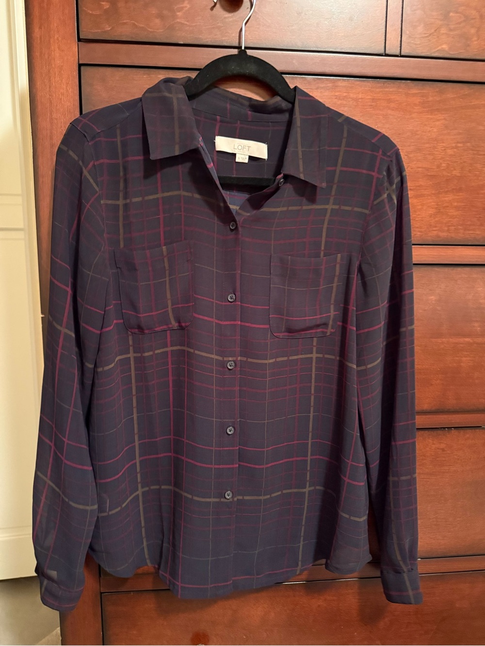 LOFT Navy Plaid Button-Down Shirt with Burgundy & Olive Lines